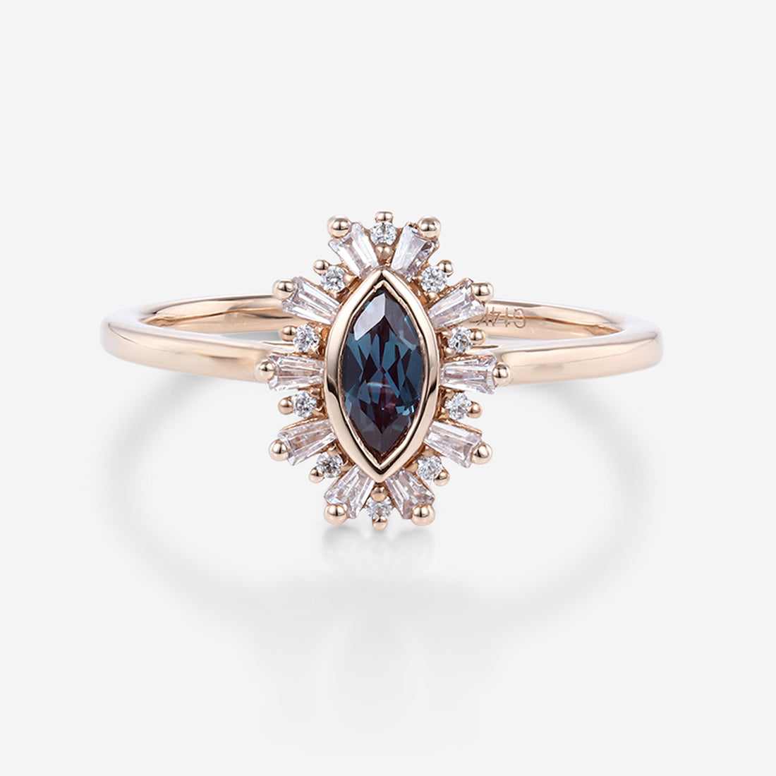 Bezel setting Marquise cut Lab Alexandrite Halo Moissanite | Diamond Gold Engagement Ring