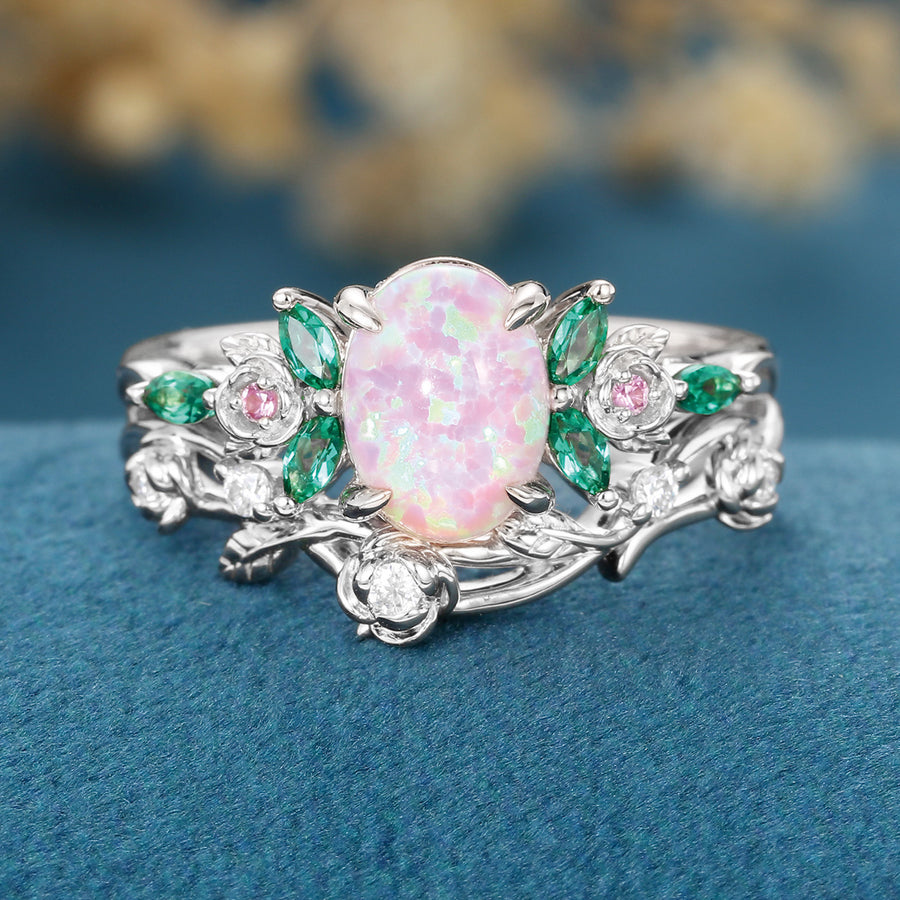 Oval cut  Lab Pink Opal Matching Lab Emeralds+ Pink Sapphire Rose Gold Engagement ring set