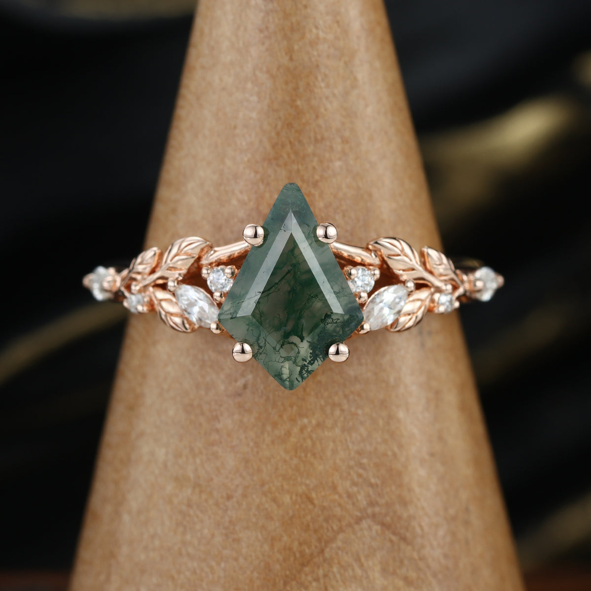 Nature Inspired Kite cut Moss Agate Leaf Gold Engagement Ring