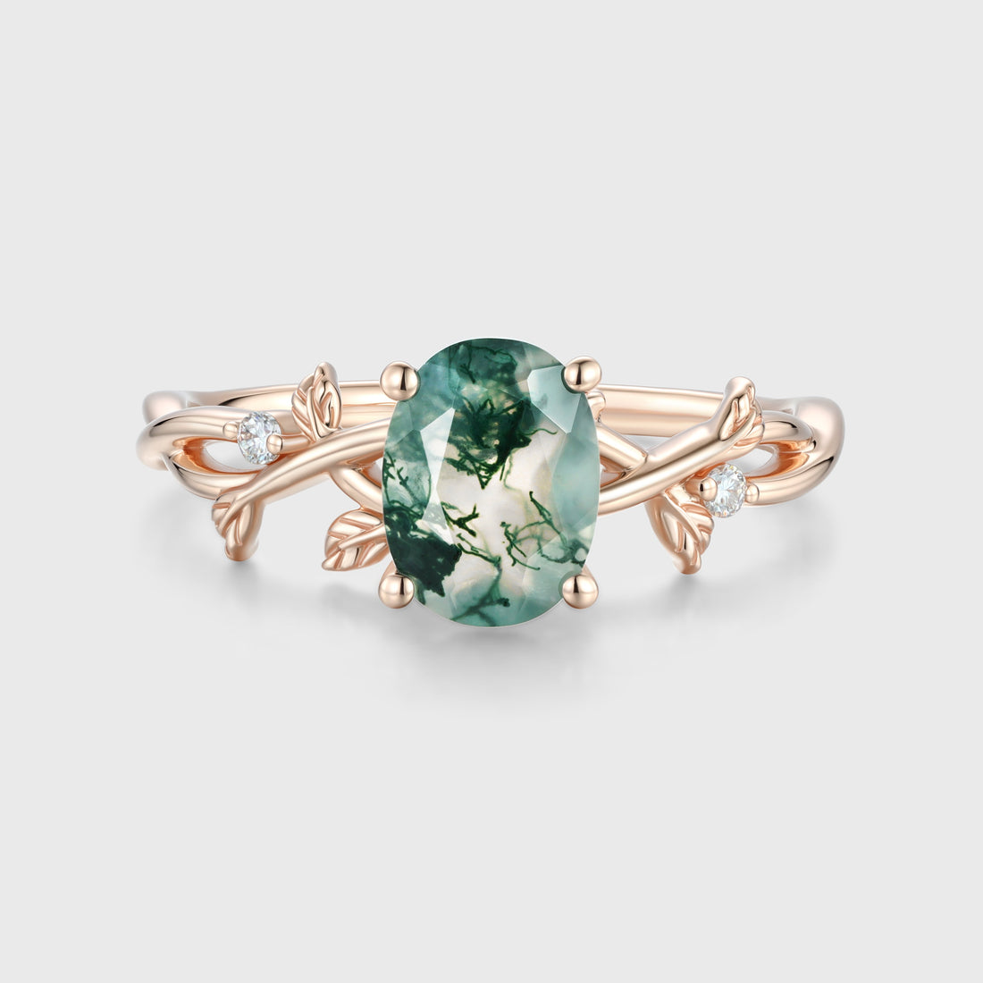 Nature Inspired Oval cut Moss Agate Leaf Gold Engagement Ring