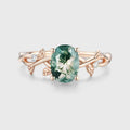 Nature Inspired Oval cut Moss Agate Leaf Gold Engagement Ring