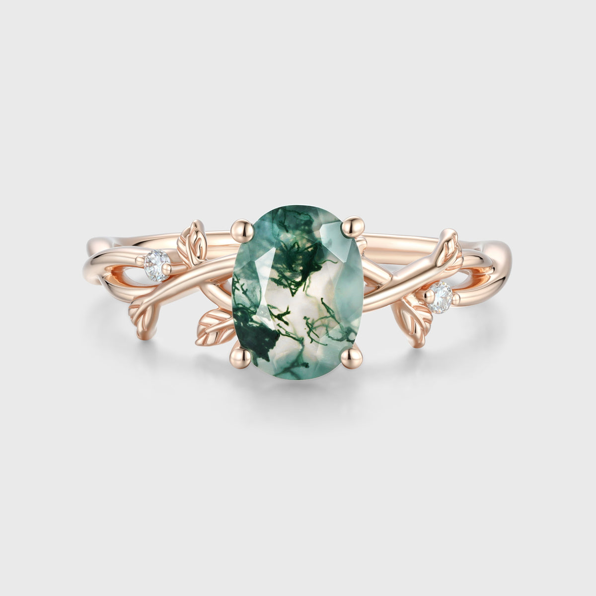 Nature Inspired Oval cut Moss Agate Leaf Gold Engagement Ring