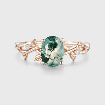 Nature Inspired Oval cut Moss Agate Leaf Gold Engagement Ring