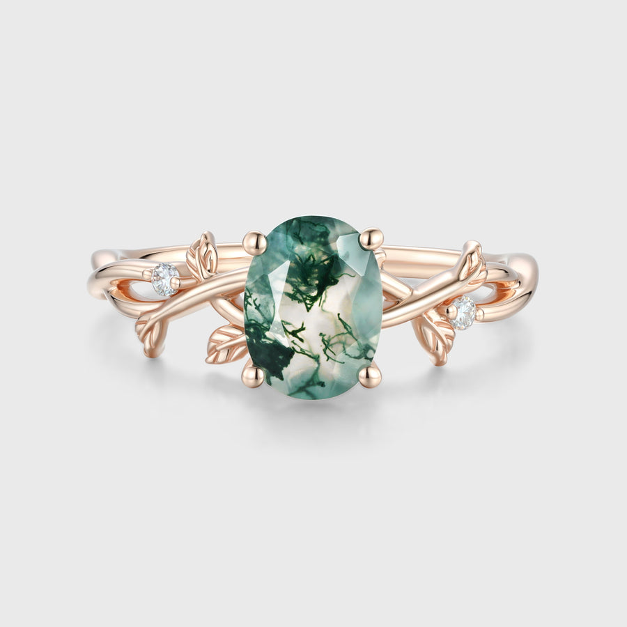 Nature Inspired Oval cut Moss Agate Leaf Gold Engagement Ring