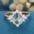 Oval Cut Natural Green Moss Agate Cluster Engagement Ring 