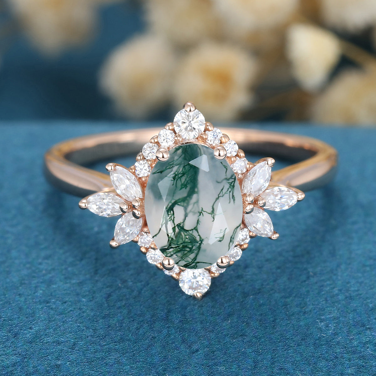 Oval Cut Natural Green Moss Agate Cluster Engagement Ring 