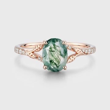 Oval cut Moss Agate Leaf Gold Pave Diamonds Engagement Ring