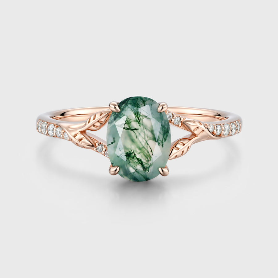 Oval cut Moss Agate Leaf Gold Pave Diamonds Engagement Ring
