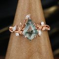 Nature Inspired Kite cut Moss Agate Leaf Gold Engagement Ring