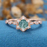Round Cut Natural Green Moss Agate Flower Engagement Ring 