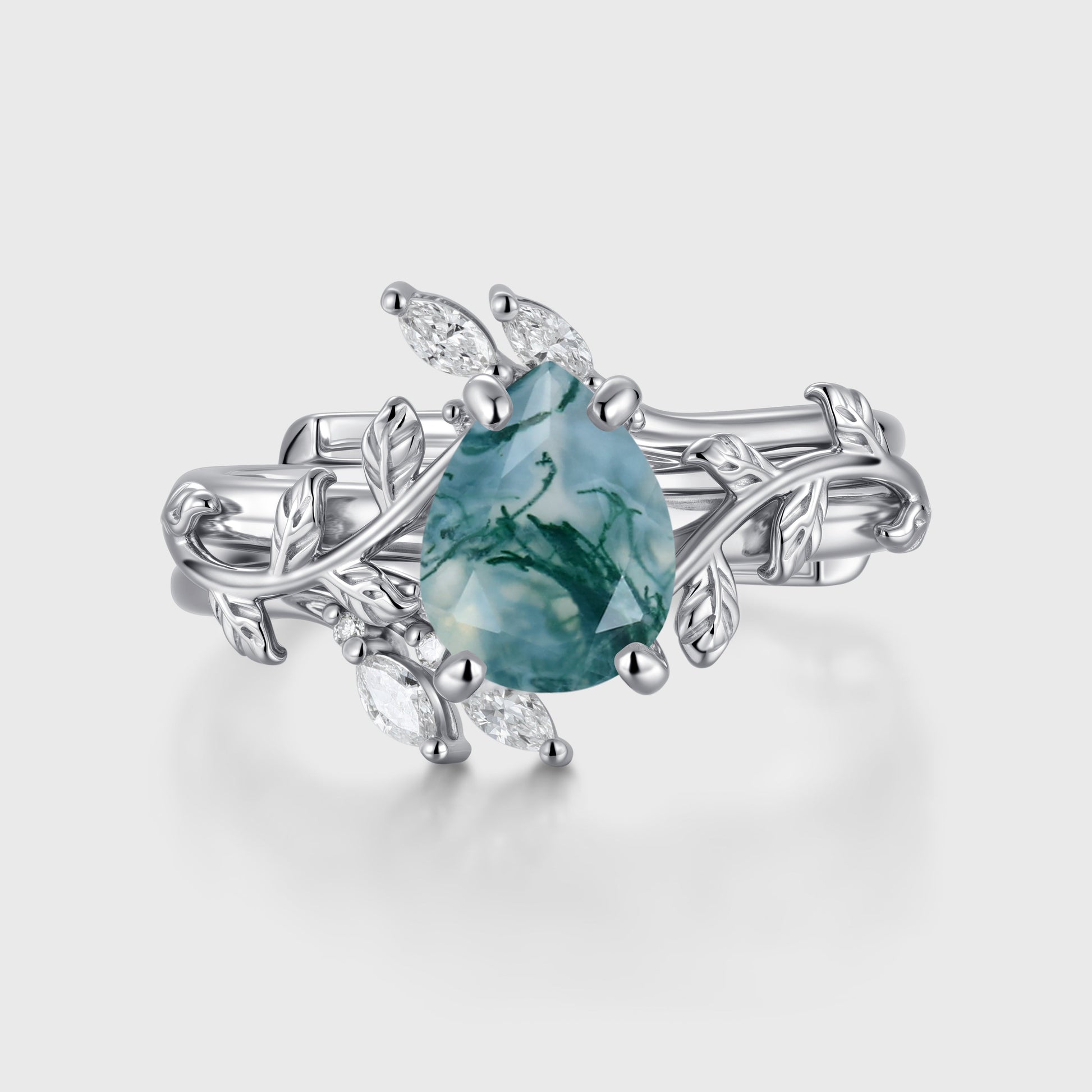 Nature Inspired Pear cut Moss Agate Leaf Gold ring set