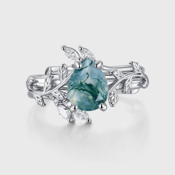 Nature Inspired Pear cut Moss Agate Leaf Gold ring set