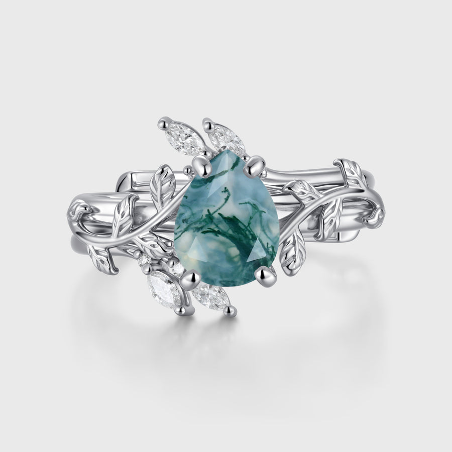 Nature Inspired Pear cut Moss Agate Leaf Gold ring set