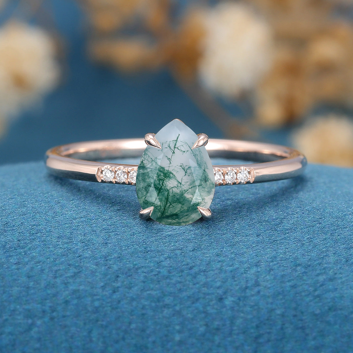 Natural Green Moss Agate pear cut cluster Engagement Ring 