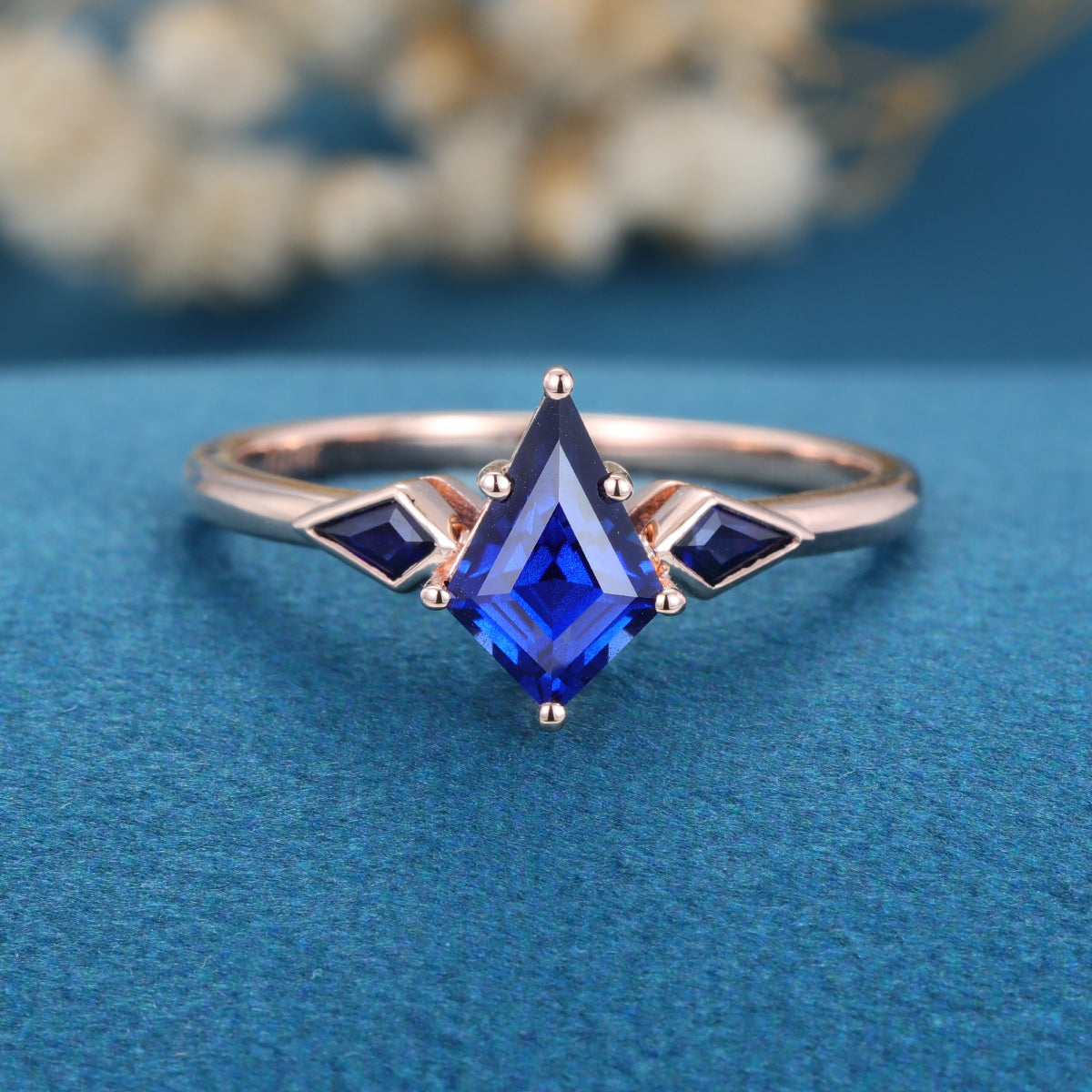 Kite Cut Lab Sapphire Yellow Gold Engagement Ring