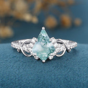 Kite Cut Natural Green Moss Agate Cluster Engagement Ring