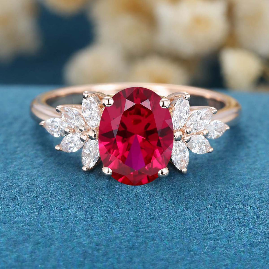 Oval cut Lab Ruby Cluster Engagement Ring 