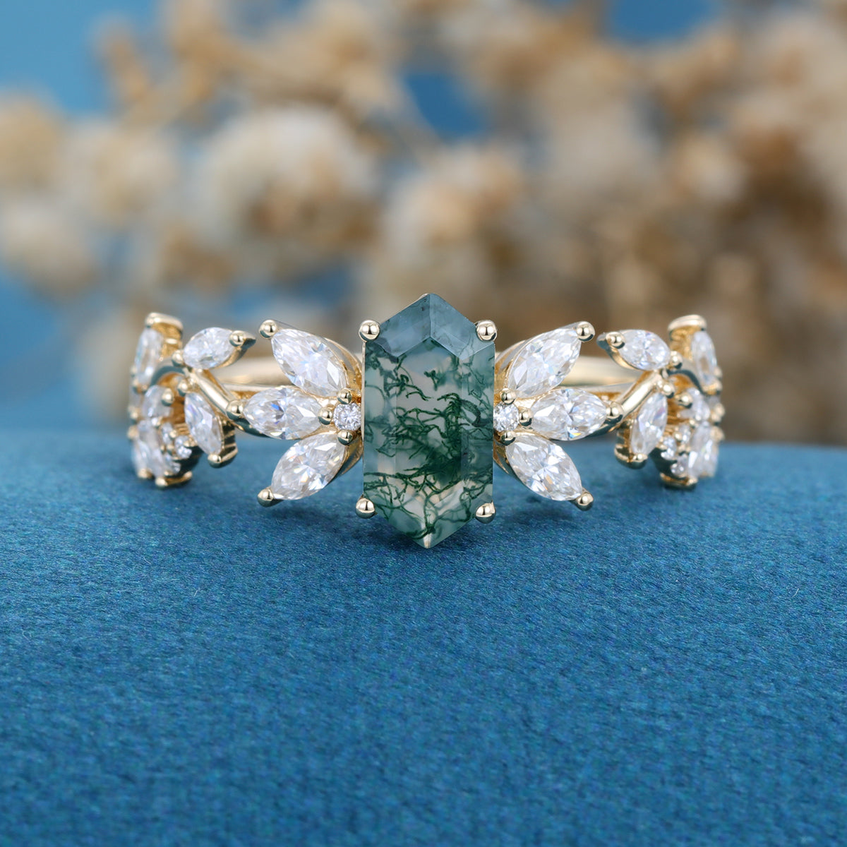 Long Hexagon cut Moss Agate Gold Engagement Ring
