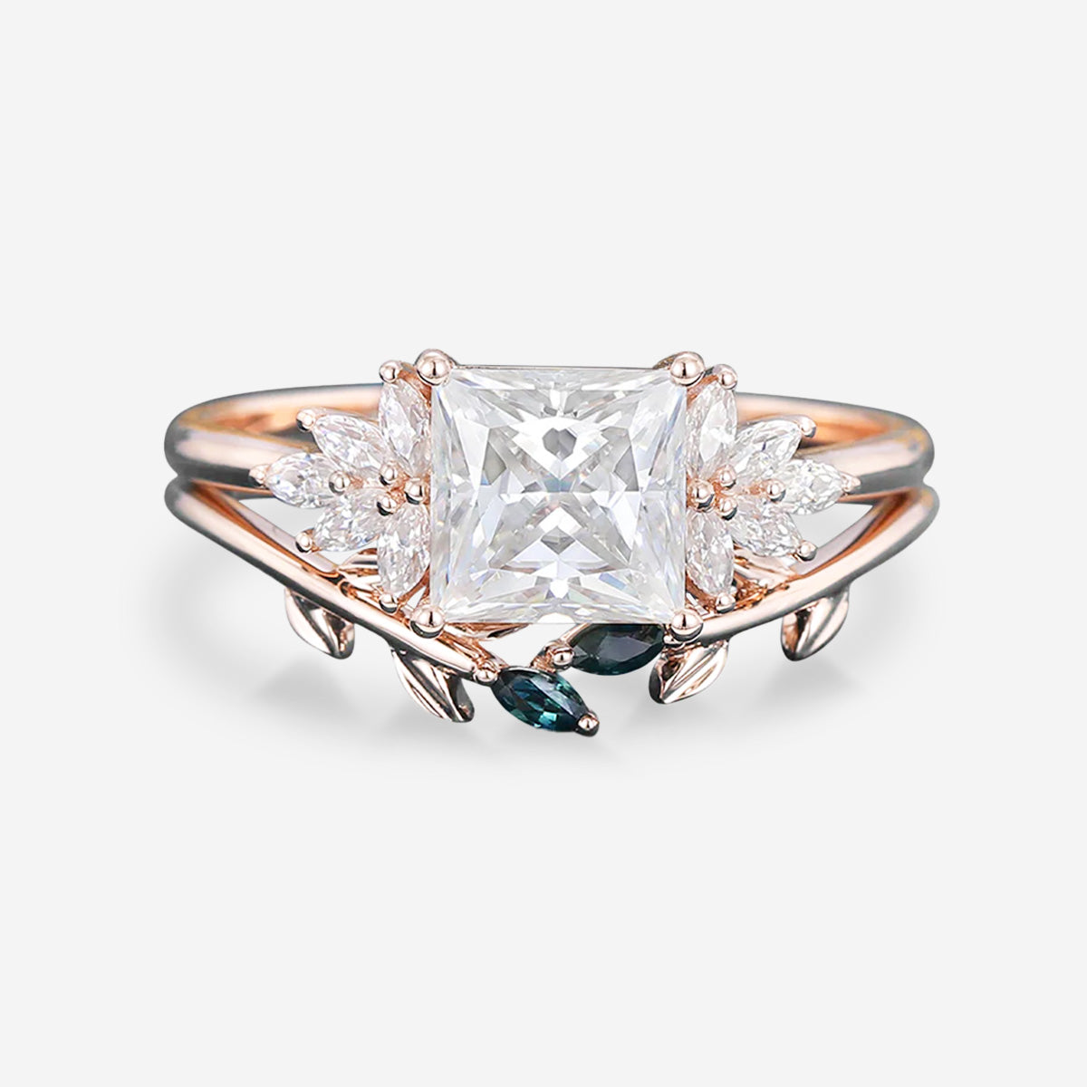 2 Carat Princess cut Moissanite cluster Engagement Ring Bridal Set