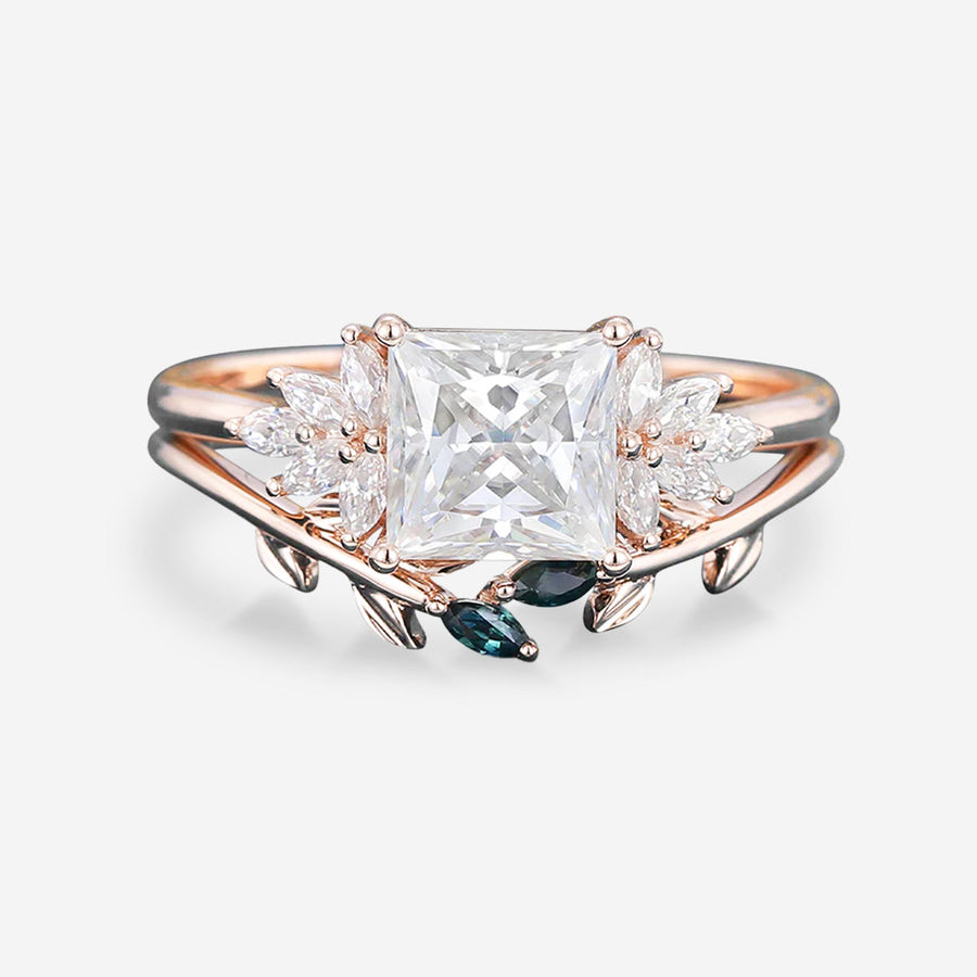 2 Carat Princess cut Moissanite cluster Engagement Ring Bridal Set