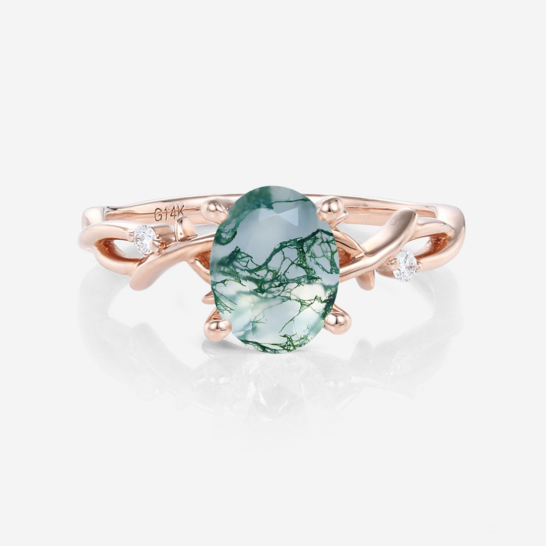 Nature Inspired Oval cut Moss Agate Leaf Gold Engagement Ring