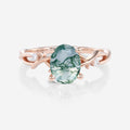 Nature Inspired Oval cut Moss Agate Leaf Gold Engagement Ring