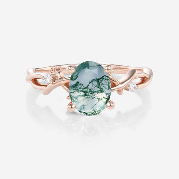 Nature Inspired Oval cut Moss Agate Leaf Gold Engagement Ring