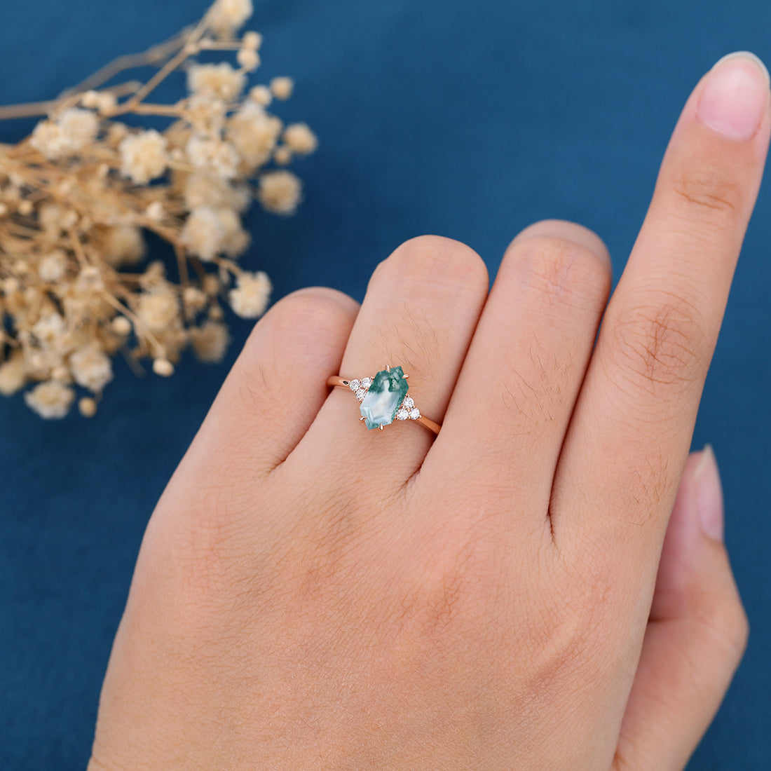 Long Hexagon cut Moss Agate Matching Mossanite | Diamonds Gold Engagement Ring