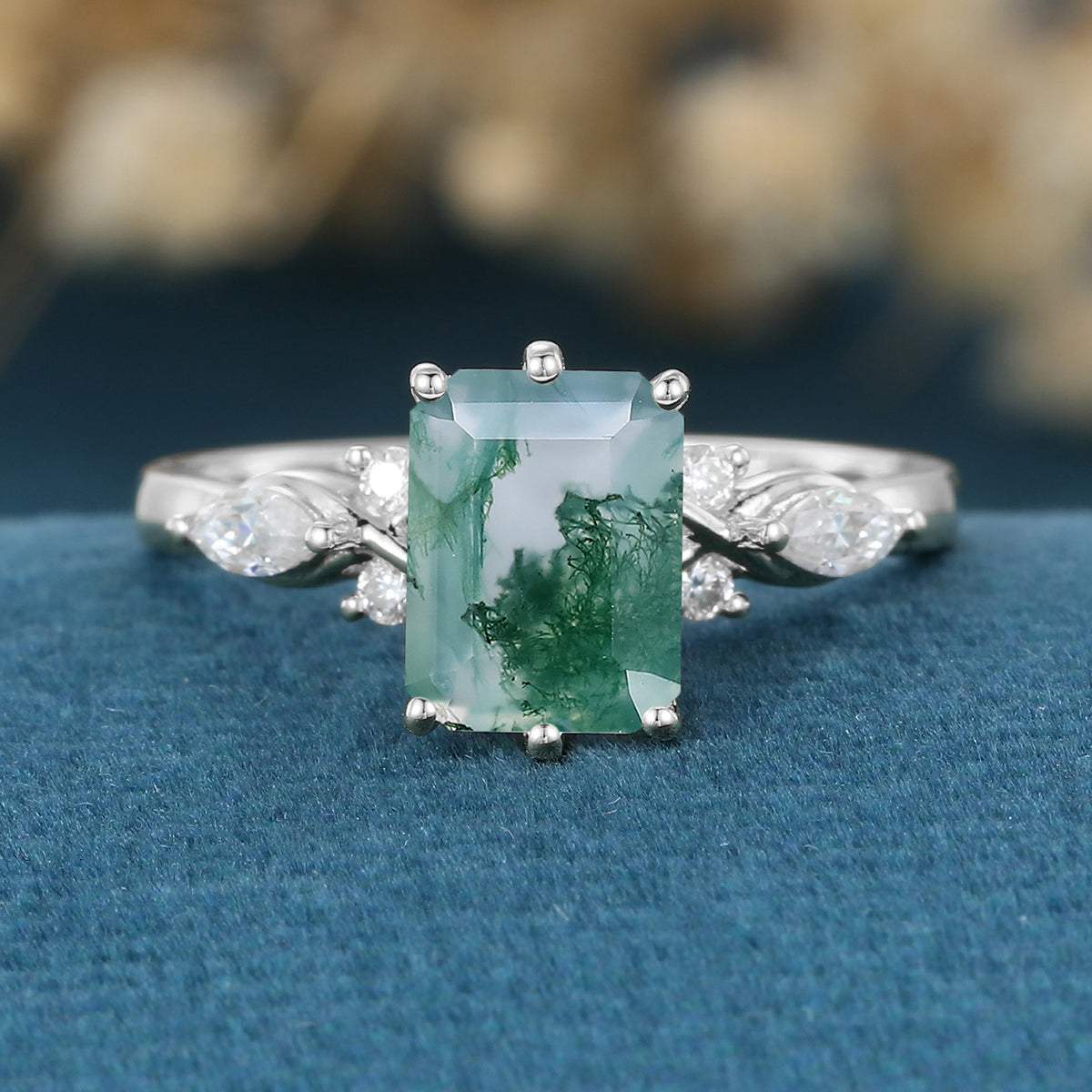 Emerald cut Moss Agate Matching Mossanite | Diamonds Gold Engagement Ring