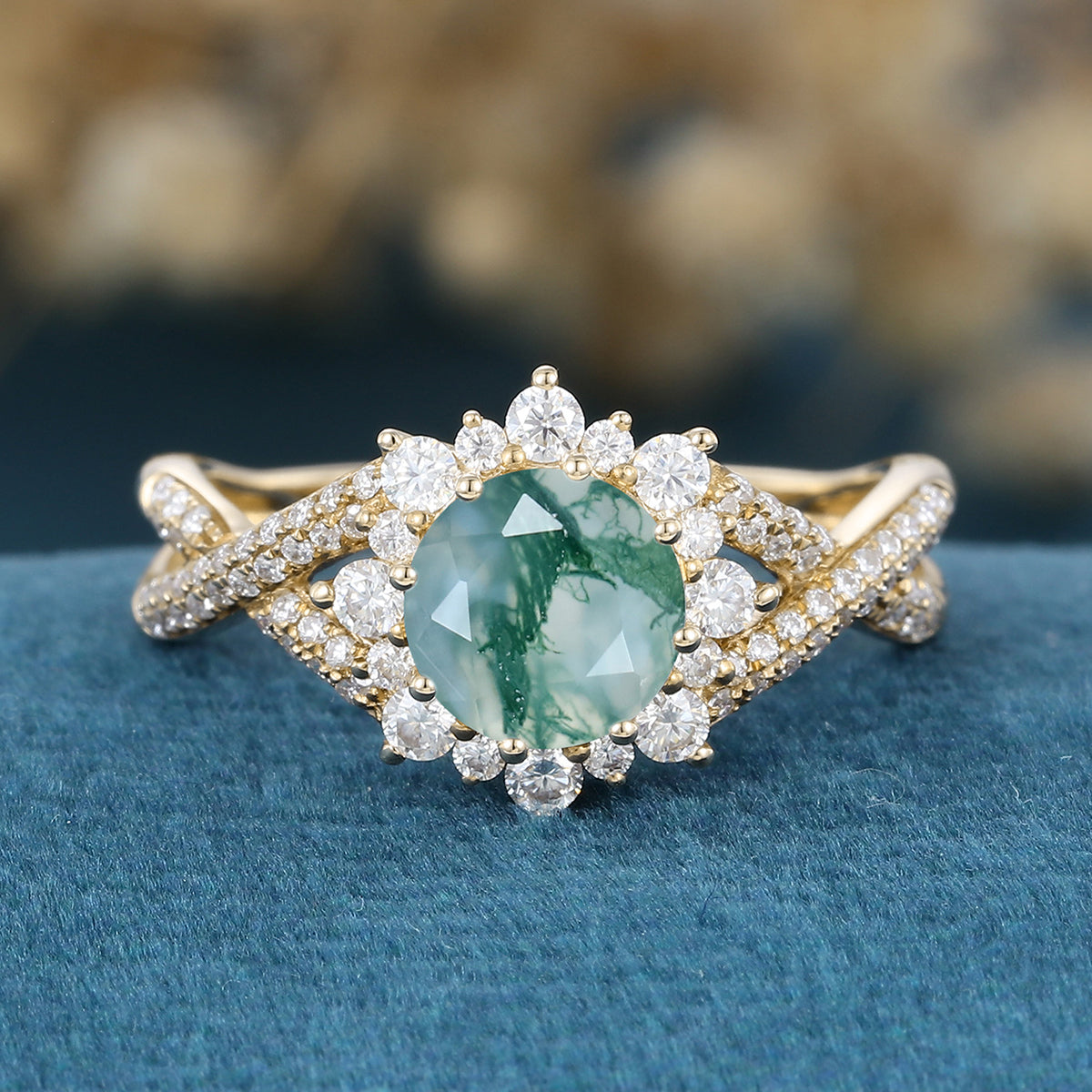 Round cut Moss Agate Matching Mossanite | Diamonds Gold Engagement Ring