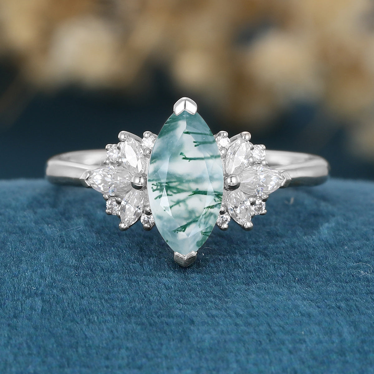 Marquise cut Moss Agate Matching Mossanite | Diamonds Gold Engagement Ring