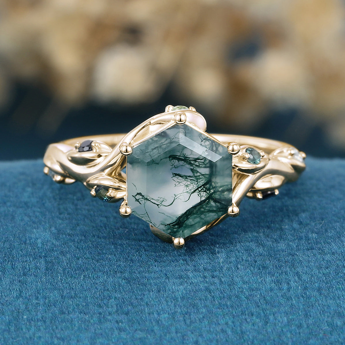 Inspired Hexagon Cut Natural Green Moss Agate  Engagement Ring