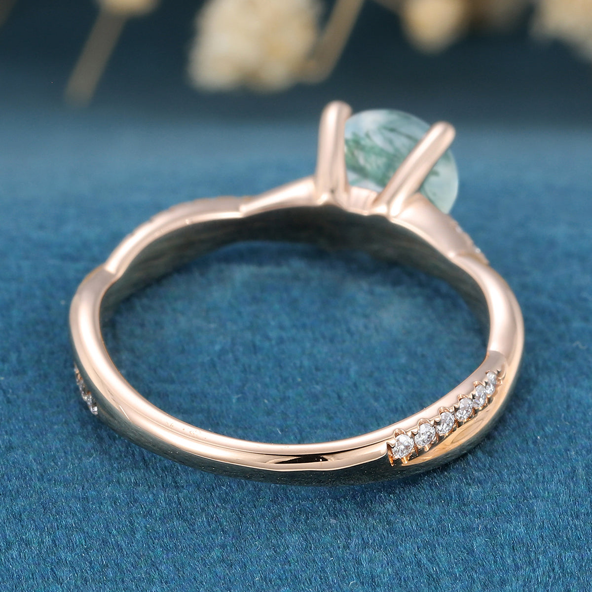 Round cut Moss Agate Matching Mossanite | Diamonds Twig Gold Engagement Ring