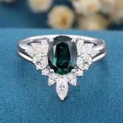 Oval Blue-Green Sapphire Cluster Engagement ring Bridal Set