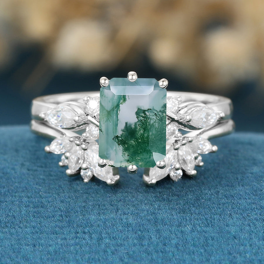 Emerald cut Moss Agate Matching Mossanite | Diamonds Gold Bridal Set