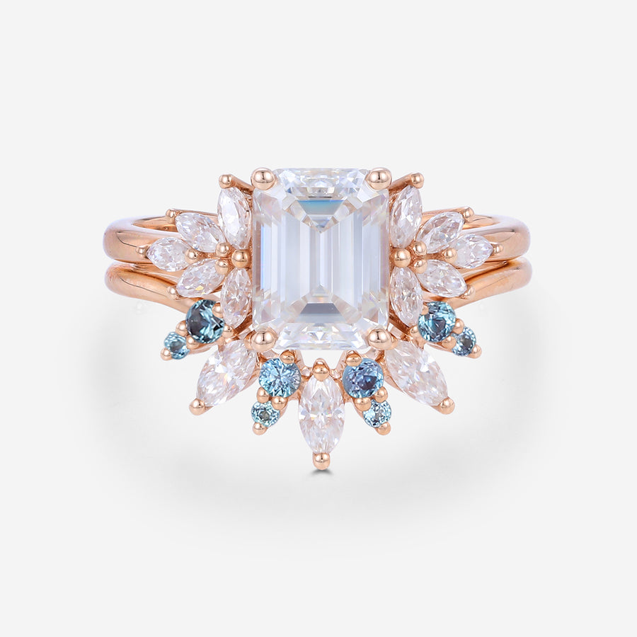 1.75 Carat Emerald cut Moissanite Engagement Ring Alexandrite Bridal Set