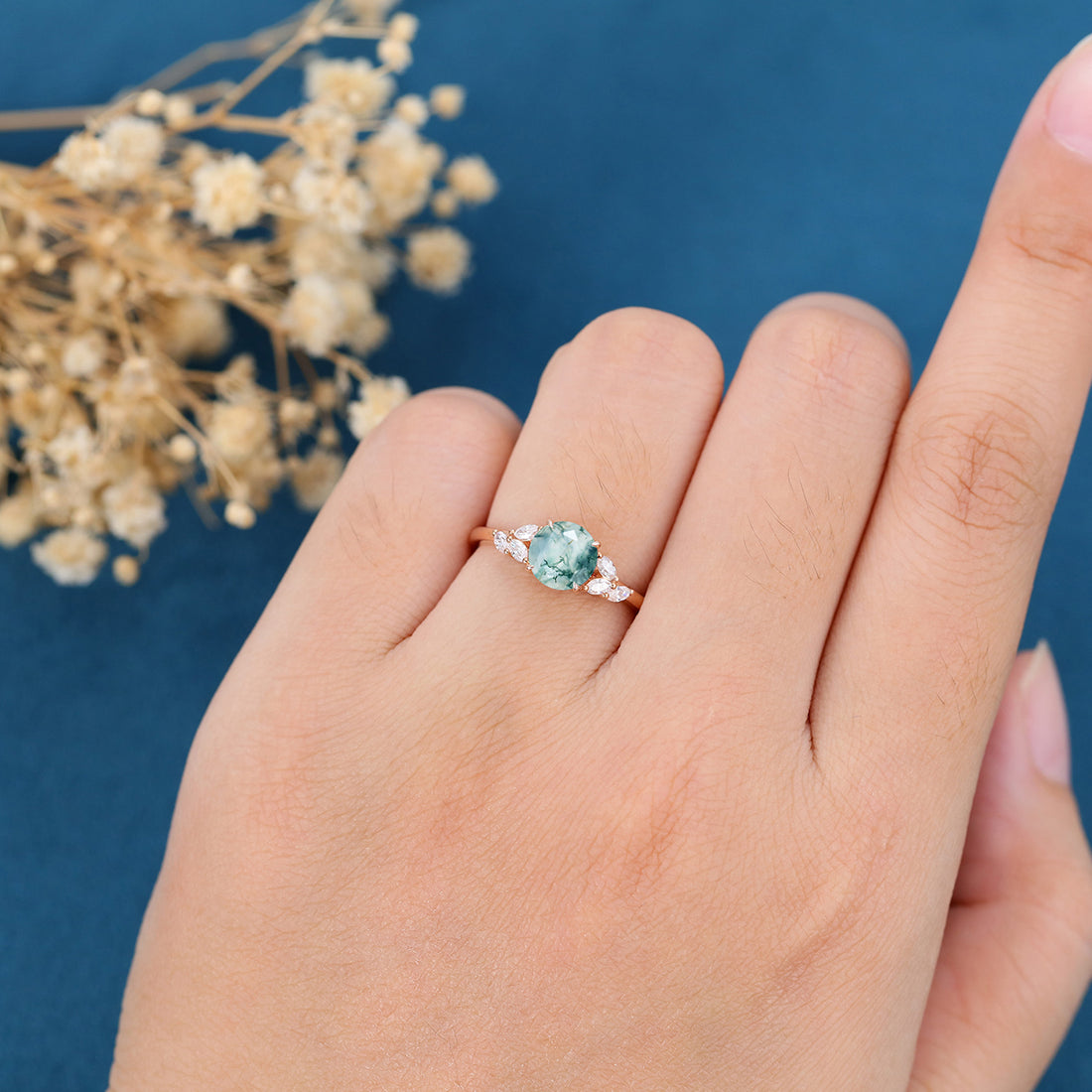 Round cut Moss Agate Matching Mossanite | Diamonds Gold Engagement Ring