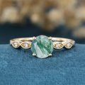 Round cut Moss Agate Matching Diamonds Gold Engagement Ring