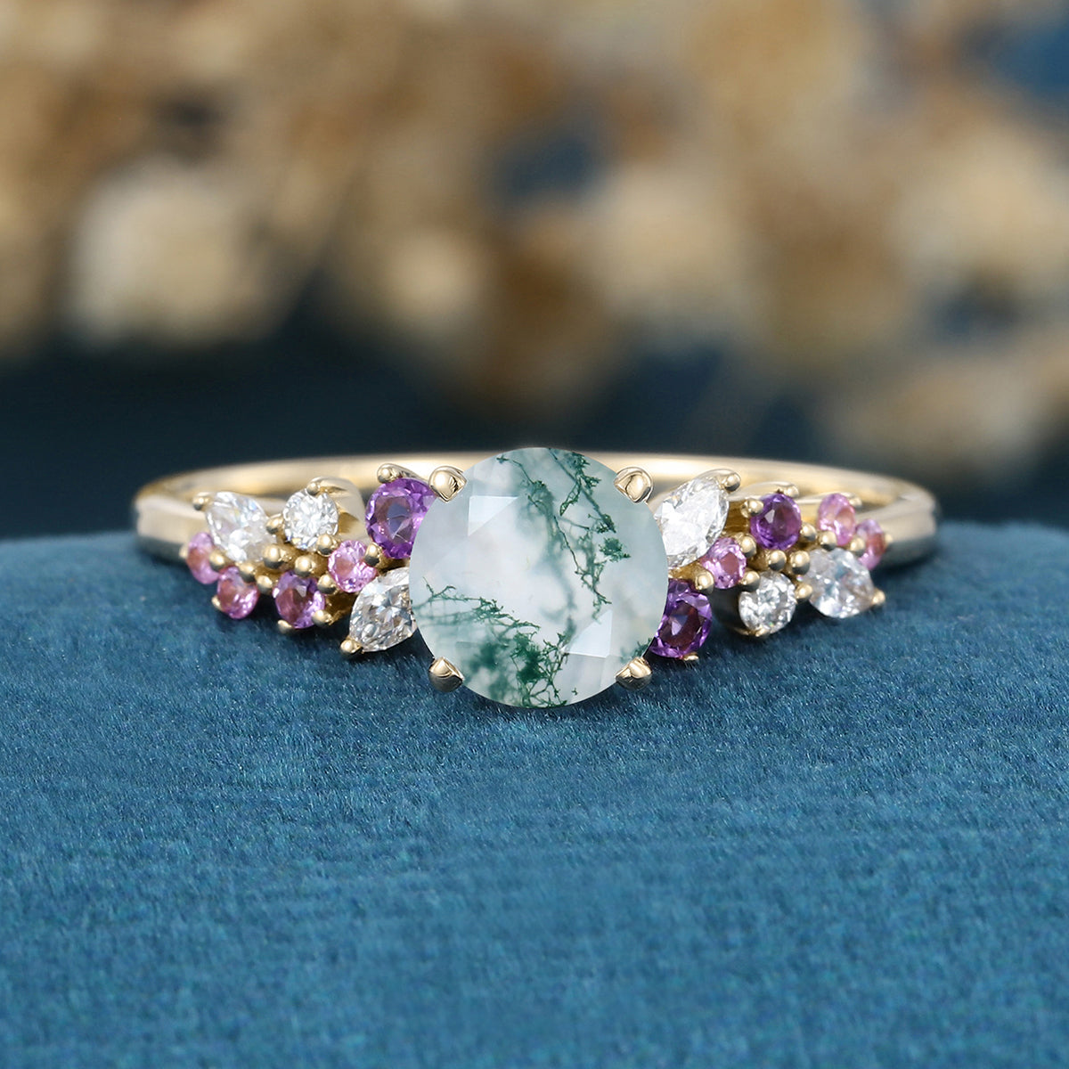 Round cut Moss Agate Leaf Gold Engagement Ring