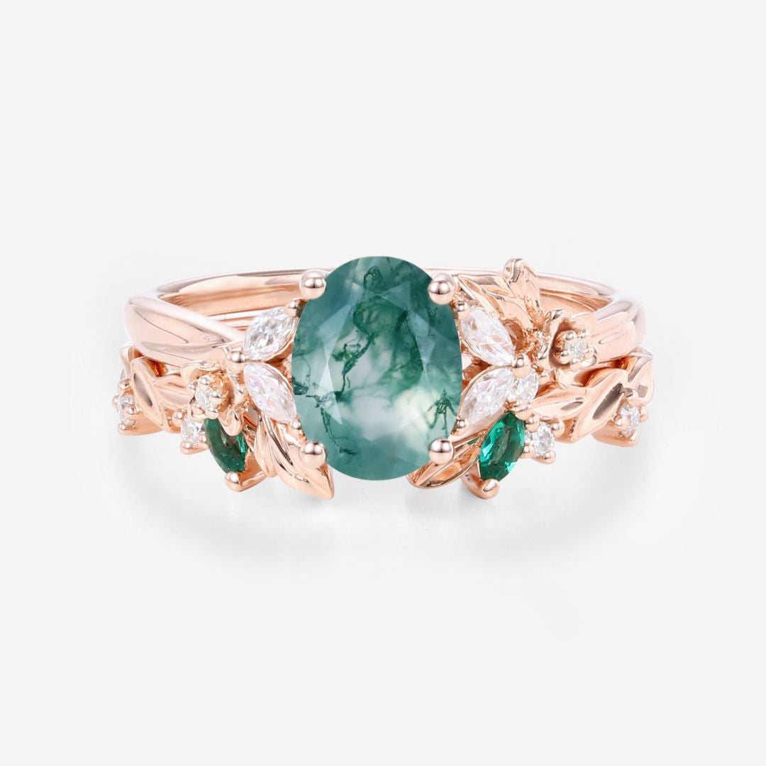 1.2Carat Oval Cut Moss Agate Cluster Engagement ring Bridal Set (Copy)