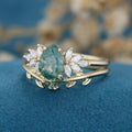 Nature Inspired Pear cut Moss Agate Leaf Gold Wedding bridal set