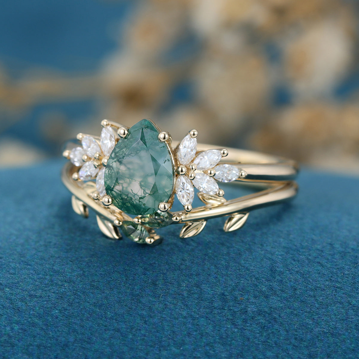Nature Inspired Pear cut Moss Agate Leaf Gold Wedding bridal set