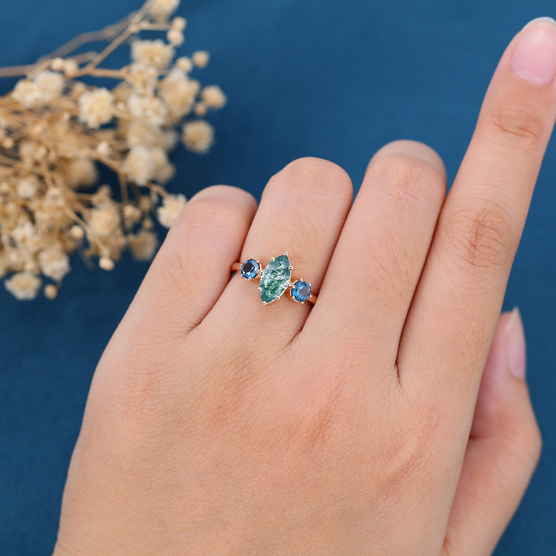 Round cut Moss Agate Matching Mossanite | Diamonds Gold Engagement Ring