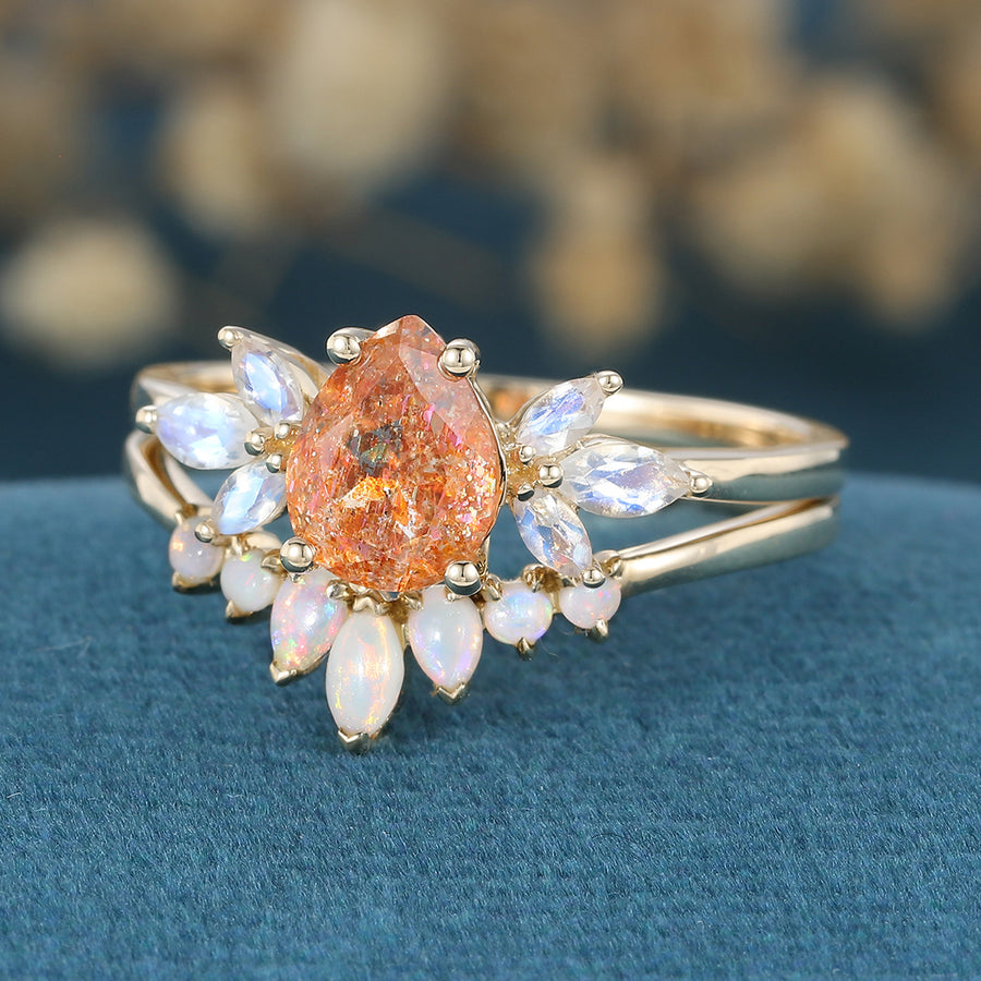 1.2 Carat Pear Sunstone + Moonstone Cluster  | Opal wedding Bridal Set