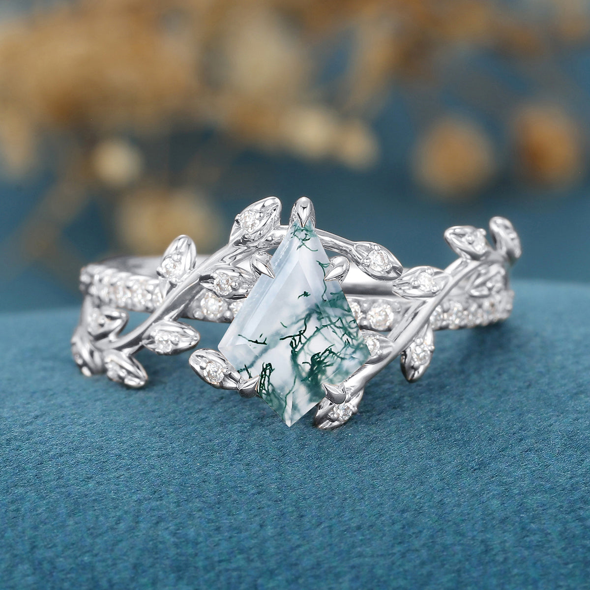 Kite Cut Natural Green Moss Agate Cluster Engagement Ring