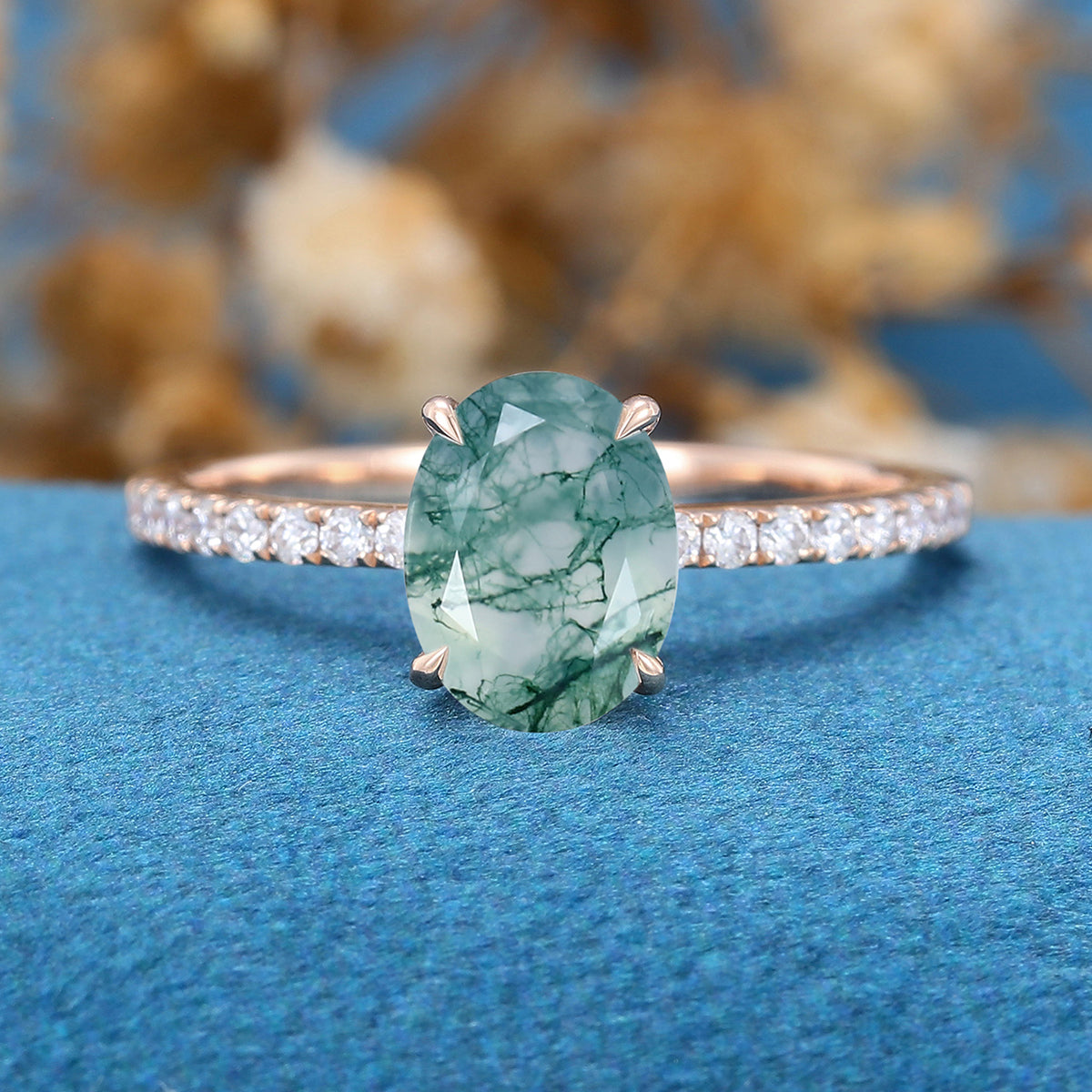 Oval Cut Natural Green Moss Agate Cluster Engagement Ring 