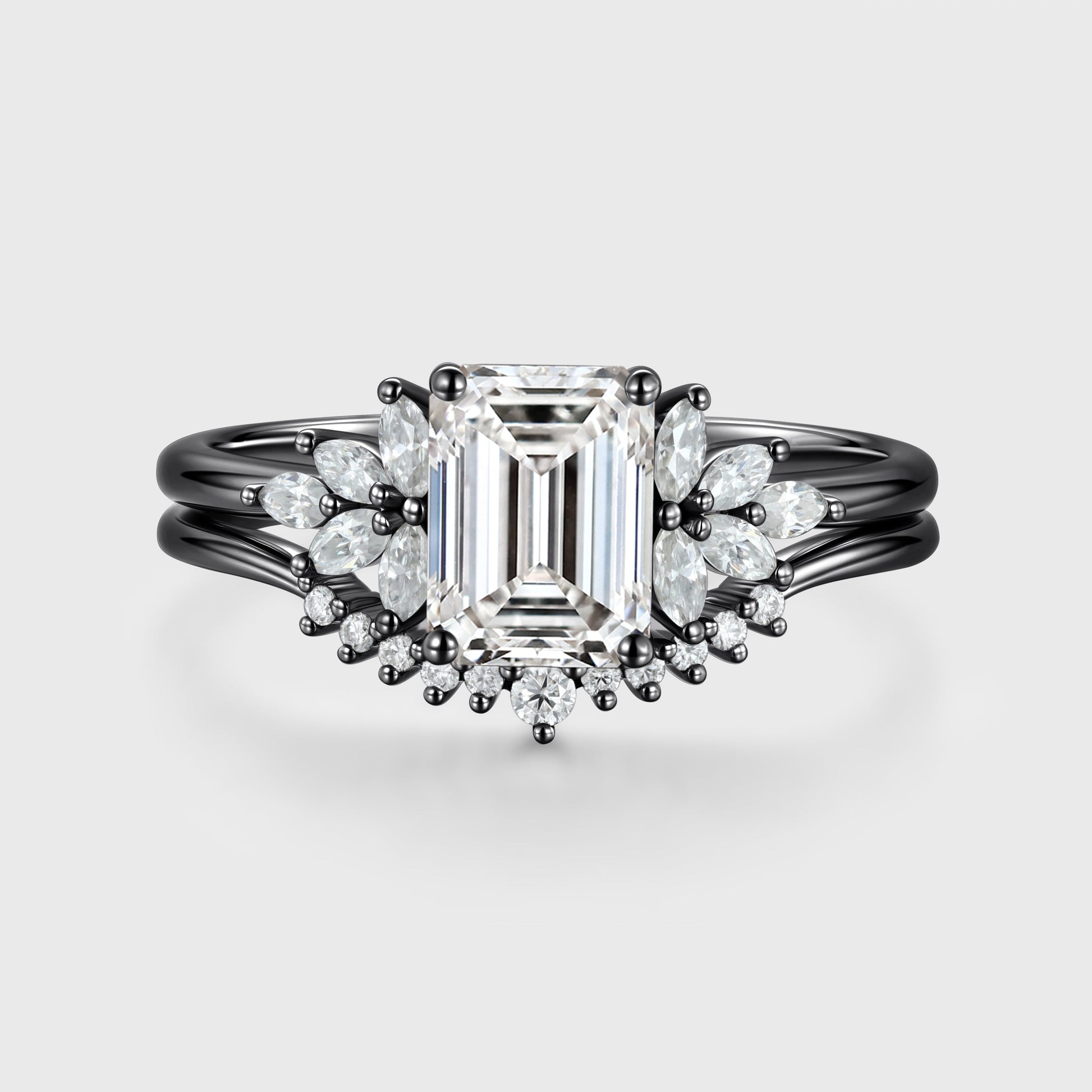 1.7Carat Emerald cut Moissanite Cluster Engagement ring Bridal Set