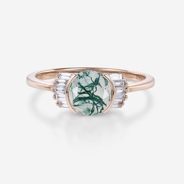 Bezel Set Rose cut Moss Agate Gold Engagement Ring