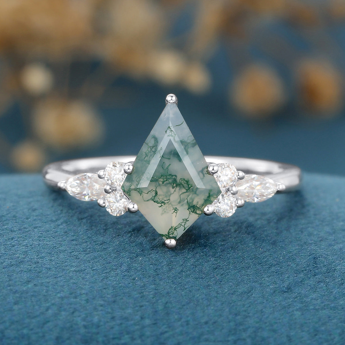 Kite Cut Natural Green Moss Agate Cluster Engagement Ring