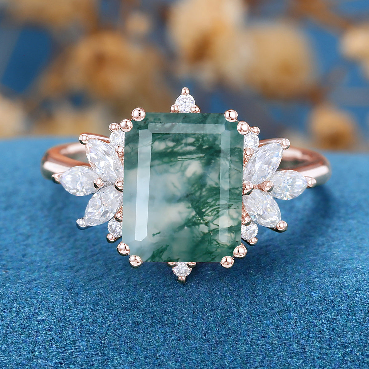 Emerald Cut Natural Green Moss Agate Cluster Engagement Ring 